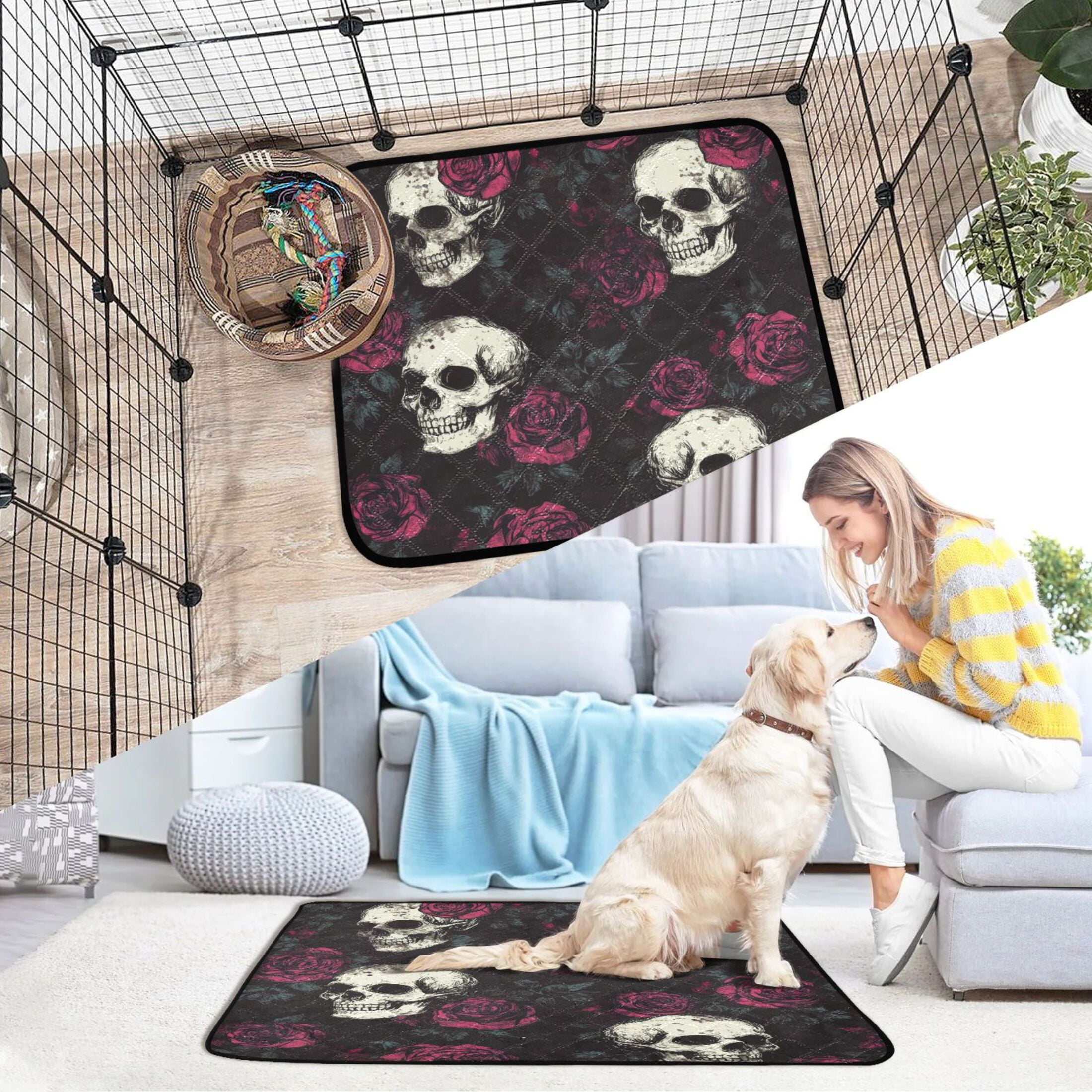 Qxltty Skull Burgundy Roses Pattern Cat litter Pads Pet Set of 3 Diaper Mats Center Anti-leakage Layer Absorbent Soft and Comfortable