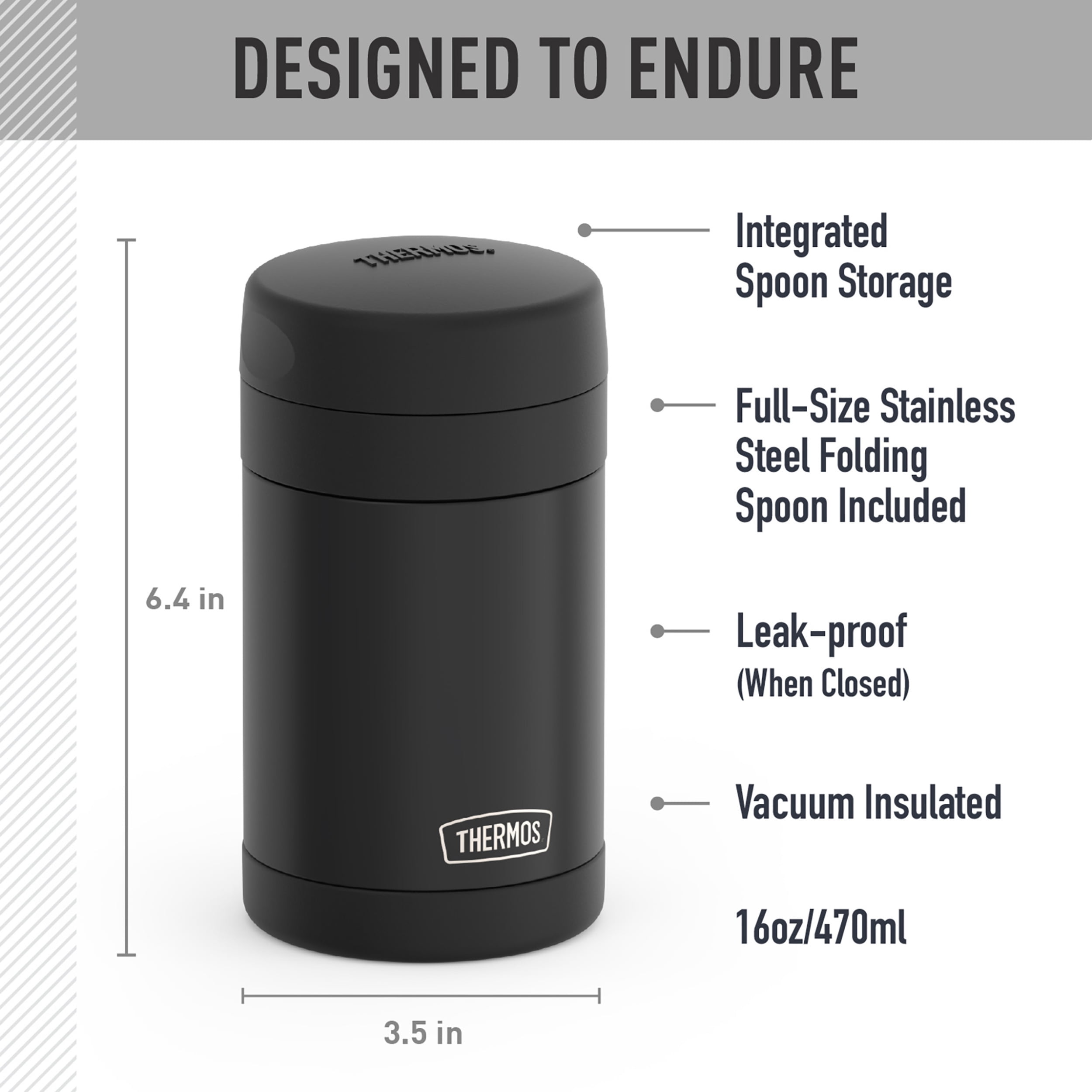 Thermos 16oz Vacuum Insulated Food Jar with Full Size Spoon, Black, Ideal Use for Workday Meals and Travel, Made for Portable Food Storage