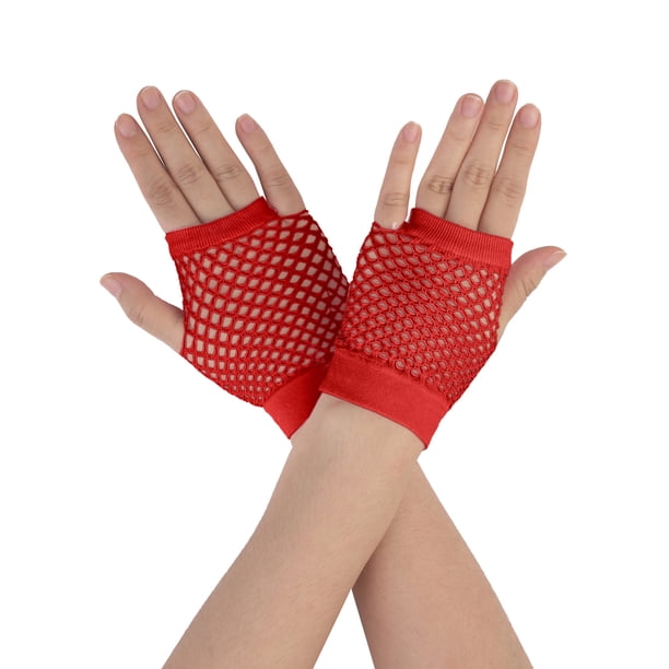 INSPIRAR CHIC Guantes de malla sin dedos para mujeres, accesorios de disfraz de fiesta de los años 80, guantes de red cortos - 1 par rojo