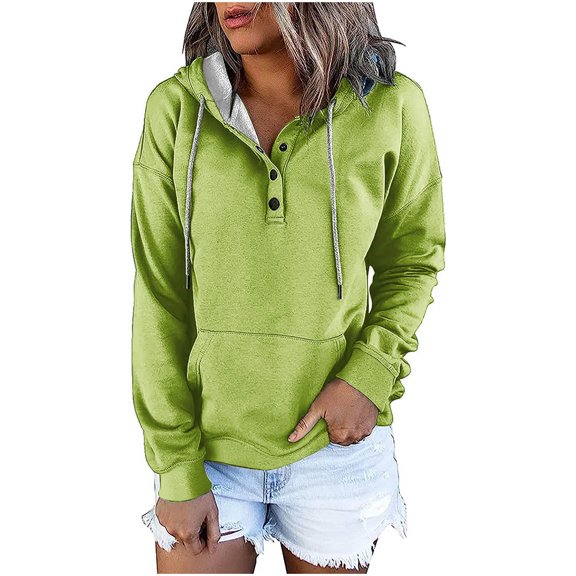 Edvintorg Women's Long Sleeve Button Collar Drawstring Hooded Sweatshirt Solid Stylish Loose Fit Casual Pullover Tops