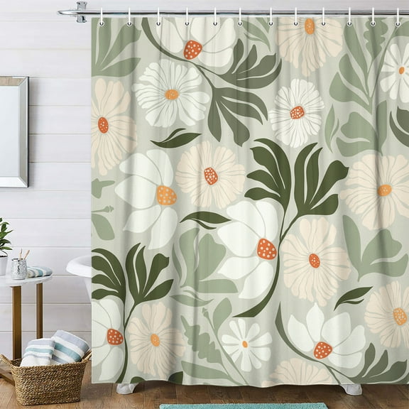 Cute Green Floral Shower Curtain for Aesthetic Bathroom Decor, Vintage Boho Farmhouse Modern Trendy Flowers Botanical Shower Curtain, Dark Green Plant Shower Curtain with 12PCS Hooks, 70X70IN