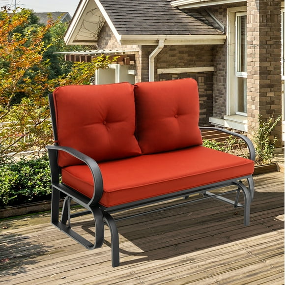 Costway Patio 2-Person Glider Bench Rocking Loveseat Cushioned Armrest Brick Red