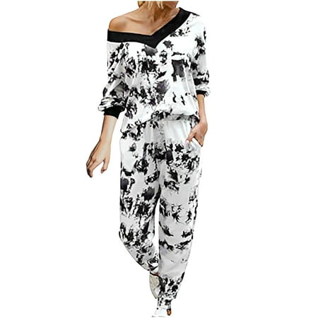 

Women Leopard Print Tie-Dye 2 Piece Pajamas Casual V-Neck Long Sleeve Drawstring Pants Pajamas Set Lounge Plus Size Casual Dressy Suit Set