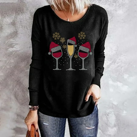 Oalirro Womens Tops Dressy Casual Deals Clearance Ladies Fashion Casual Christmas Print Round Neck Loose Long Sleeve Top