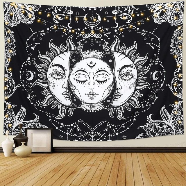 Tapiz de tarot de sol y luna, tapiz psicodélico, colgante de pared celestial negro, mandala indio, tapices de pared hippie bohemio (sol y luna, 150 cm x 200 cm) kaili Sencillez