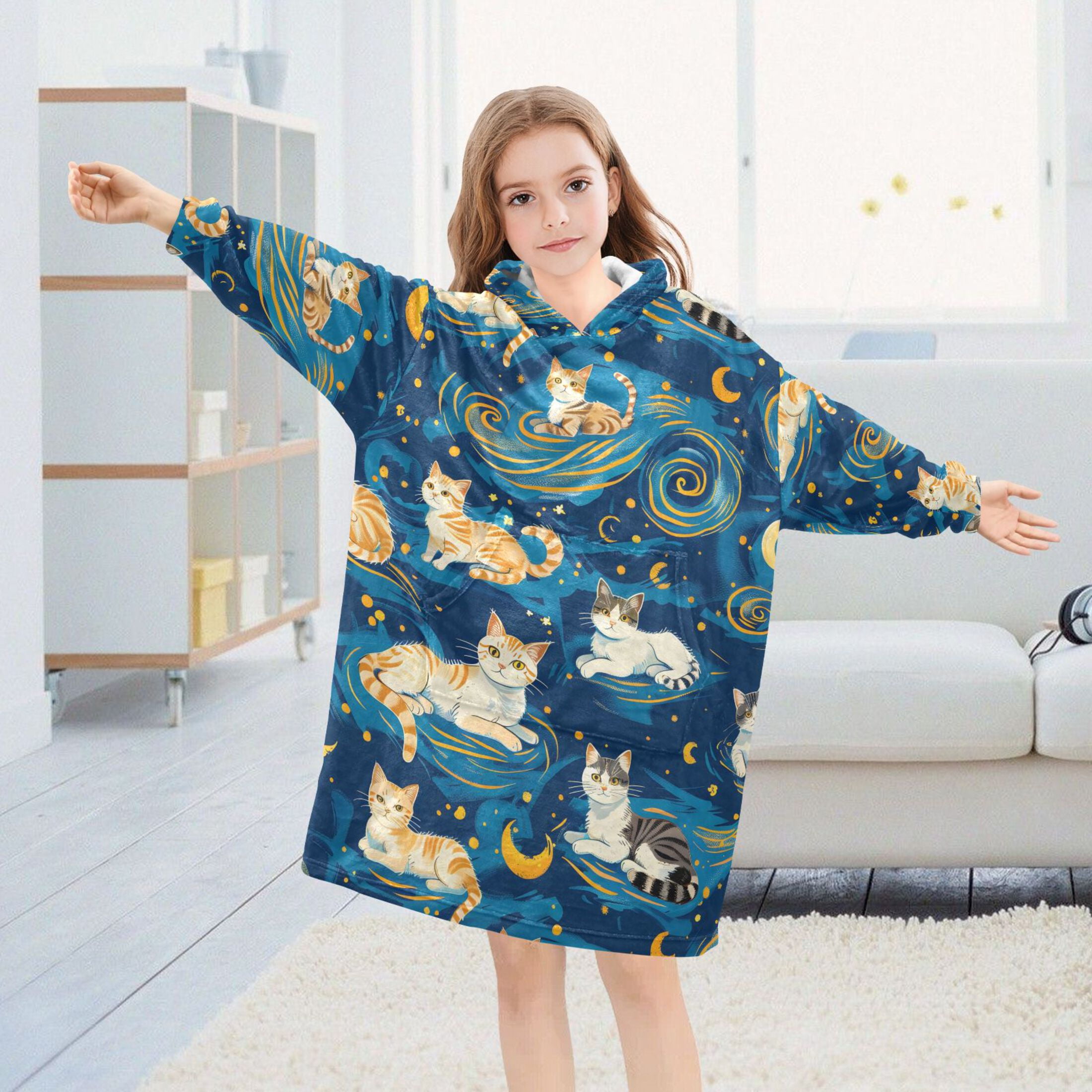 Dailycode Wearable Blanket Hoodie Oversized Sherpa Flannel Blankets with Pocket for 3-14 Year Old Cartoon Cats and Starry Sky