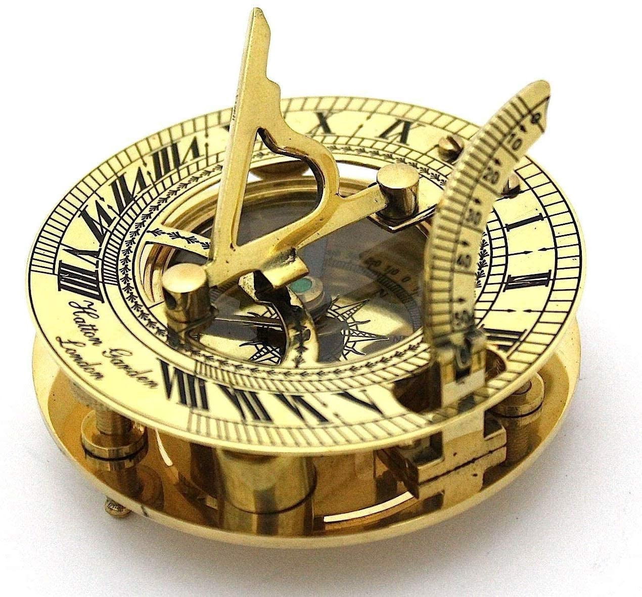 Casanova Nauticals Solid Brass Sundial and Compass in Hardwood Box - Polished Brass Sundial Compass