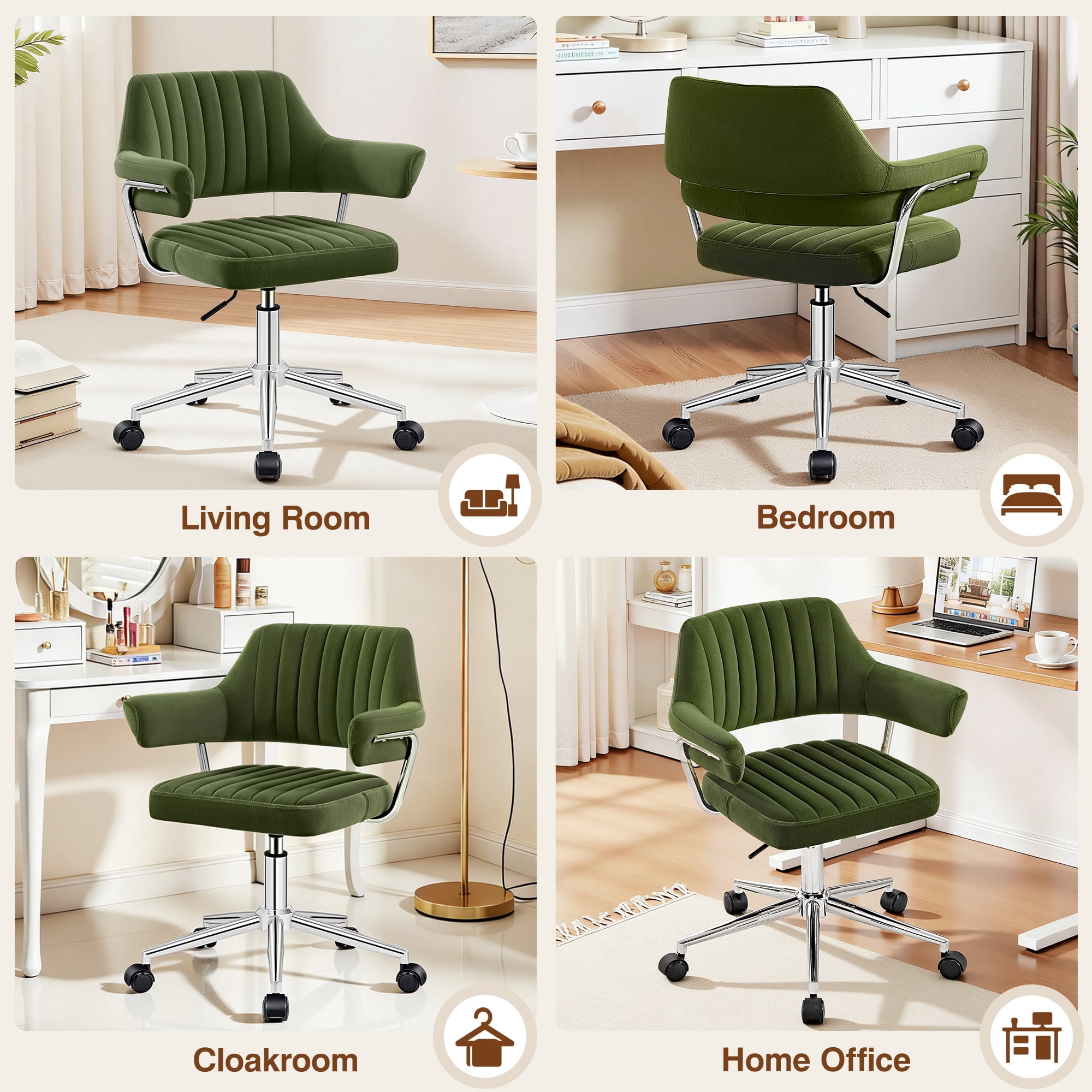 ATHOPE Home Office Desk Chair, Modern Office Chair with Wheels, Small Comfy Desk Chair with Arms, Low Back Computer Chair, Swivel Flffy Vanity Chair, Green