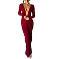 thumbnail image 2 of SUNSIOM Robe Longue Moulante pour Femmes Couleur Unie Col en V Profond Froncée Manches Longues Élégante Ajustée Soirée Club Robe d'Été, 2 of 6