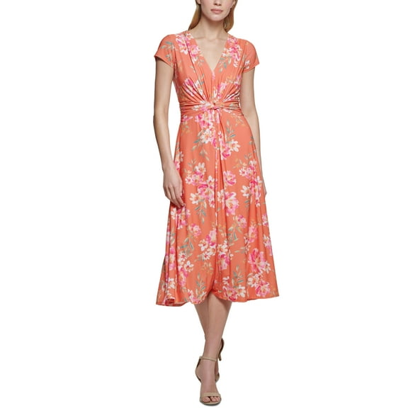 Vince Camuto Womens Floral-Print Twist-Front Midi Dress Tangerine 12