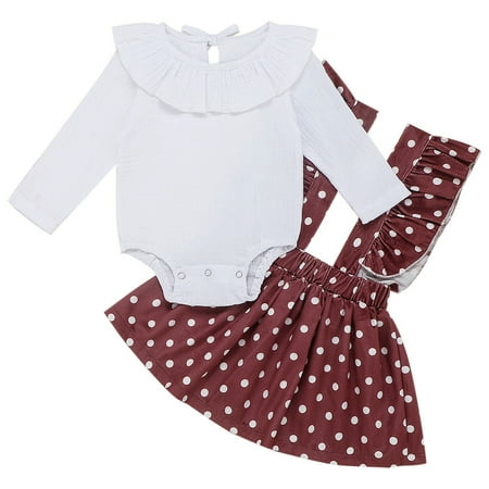 

Tops Ruffle Polka Dot Suspender Skirt Outfits 2pcs Set