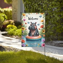 Welcome Summer Garden Flag 12x18 Inch Cute Hippo In Pool Float Double Sided Floral Butterfly Yard Flag Outdoor Decoration