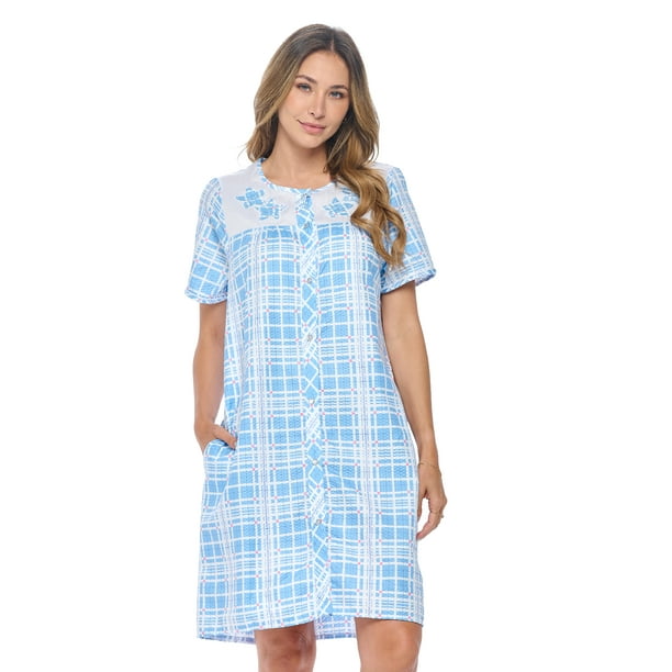 Casual Nights Women's Snap Front House Dress Short Sleeve Seersucker