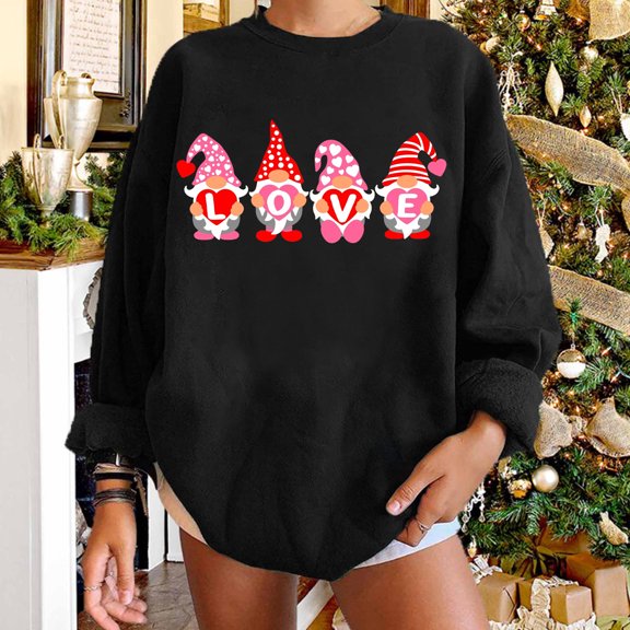 EQWLJWE Valentine's Day Sweatshirt for Women,Adorable Gnome Love Print Tops Shirts Casual Long Sleeve Crewneck Sweatshirts