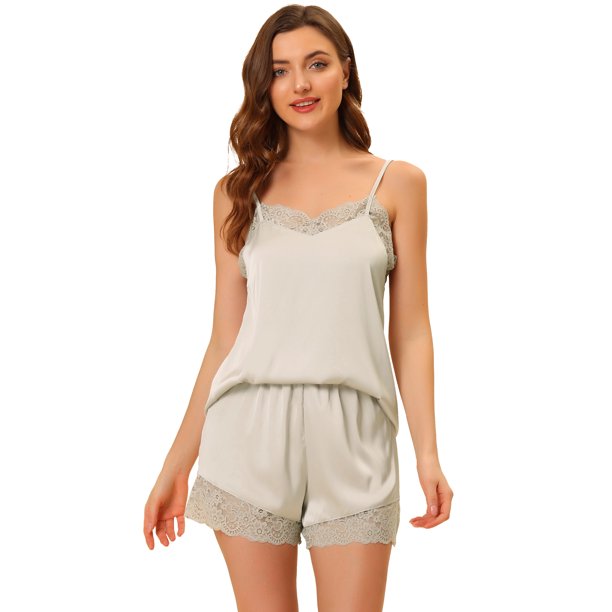 Lencería sexy de satén para mujer, con ribete de encaje, camisetas, pantalones cortos, pijamas, conjuntos Gris S