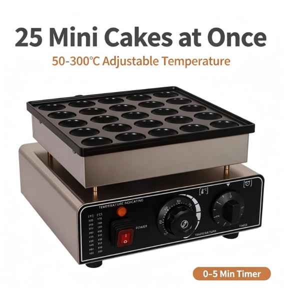 Muweixin 25 Holes 900W Electric Mini Pancake Maker, Non-stick Stainless Steel Pancake Griddle with Adjustable Temp Timer, for Breakfast Bar Home Commercial Use