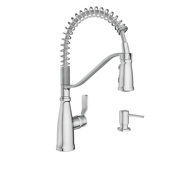 Moen Nolia Chrome One-Handle Pre-Rinse Spring Kitchen Faucet with Pull Down Sprayer, Single Hole Kitchen Sink Faucet with Soap Dispenser