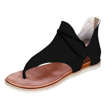

Follure Girl women s casual shoes Women Summer Solid Clip-Toe Shoes Zipper Lady Casual Beach Flats Comfy Sandals Black 39