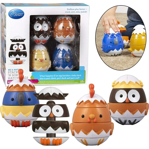 Egg Stacking & Sorting Animals, Mix & Match Adorable Hatching Friends- 4 Different Animals- Creative, Educational & Imaginative Hands On Building Toys- for Baby Toddler Kids Gift- Chick Owl Duck Bird