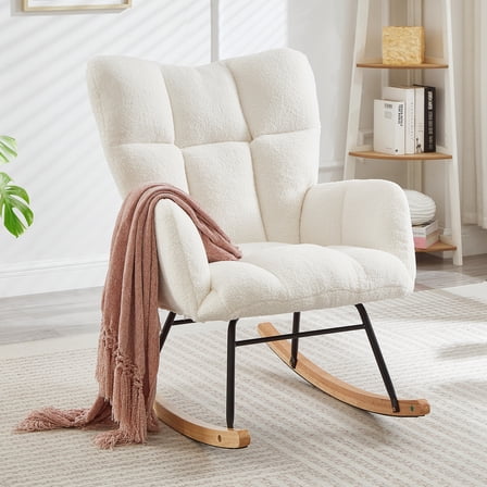 Jopath Rocking Chair,Glider Chair For Living Room Tufted Upholstered Teddy Fabric Rocking Chair With Metal Frame Accent Chair With High Backrest And Pillow For Living Room Bedroom