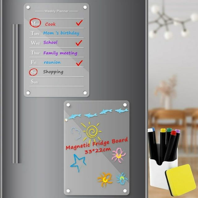 AMERTEER Ensemble de 2 Calendriers Magnétiques en Acrylique Transparent Planche de Planification Effaçable à Sec avec 6 Marqueurs Porte-Stylo Effaçable Réutilisable Planche de Réfrigérateur Hebdomadaire pour Bureau Maison 8.7x13 Pouces