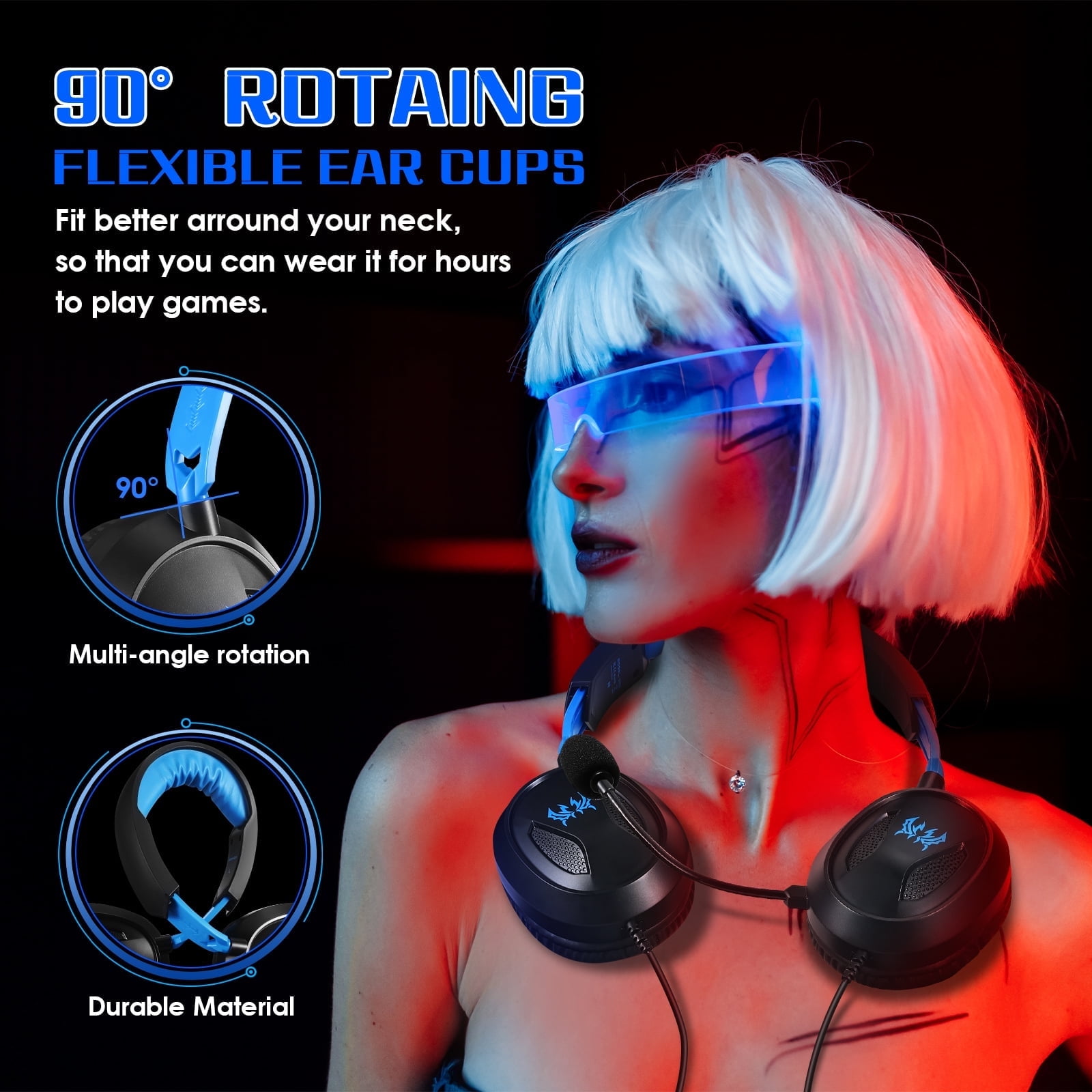 Gaming Headset Wired for PS5 PS4 Xbox One Switch PC, Noise Cancelling Over Ear Headphones with Mic,Stereo Bass Surround,Blue