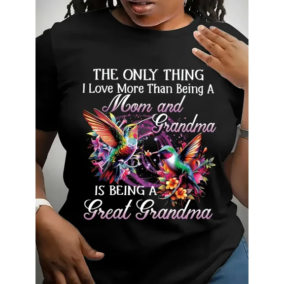 Colorful Hummingbird Floral Great Grandma Quote Women Short Sleeve Graphic T-Shirt