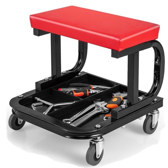 MOTOOS Fauteuil Roulant Roulant pour Garage et Atelier, Tabouret de Garage Roulant Rembourré, Siège de Mécanicien, Tabouret de Mécanicien avec Plateau à Outils, Rangement et 4 Roulettes Pivotantes en Caoutchouc, Capacité de 300 Lb, Fauteuil Roulant pour Automobile