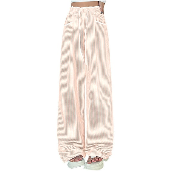 Lenpel Women's Striped Causal Pants Loose Elastic High Waisted Wide Leg Lounge Trousers Lightweight Beach Outfits