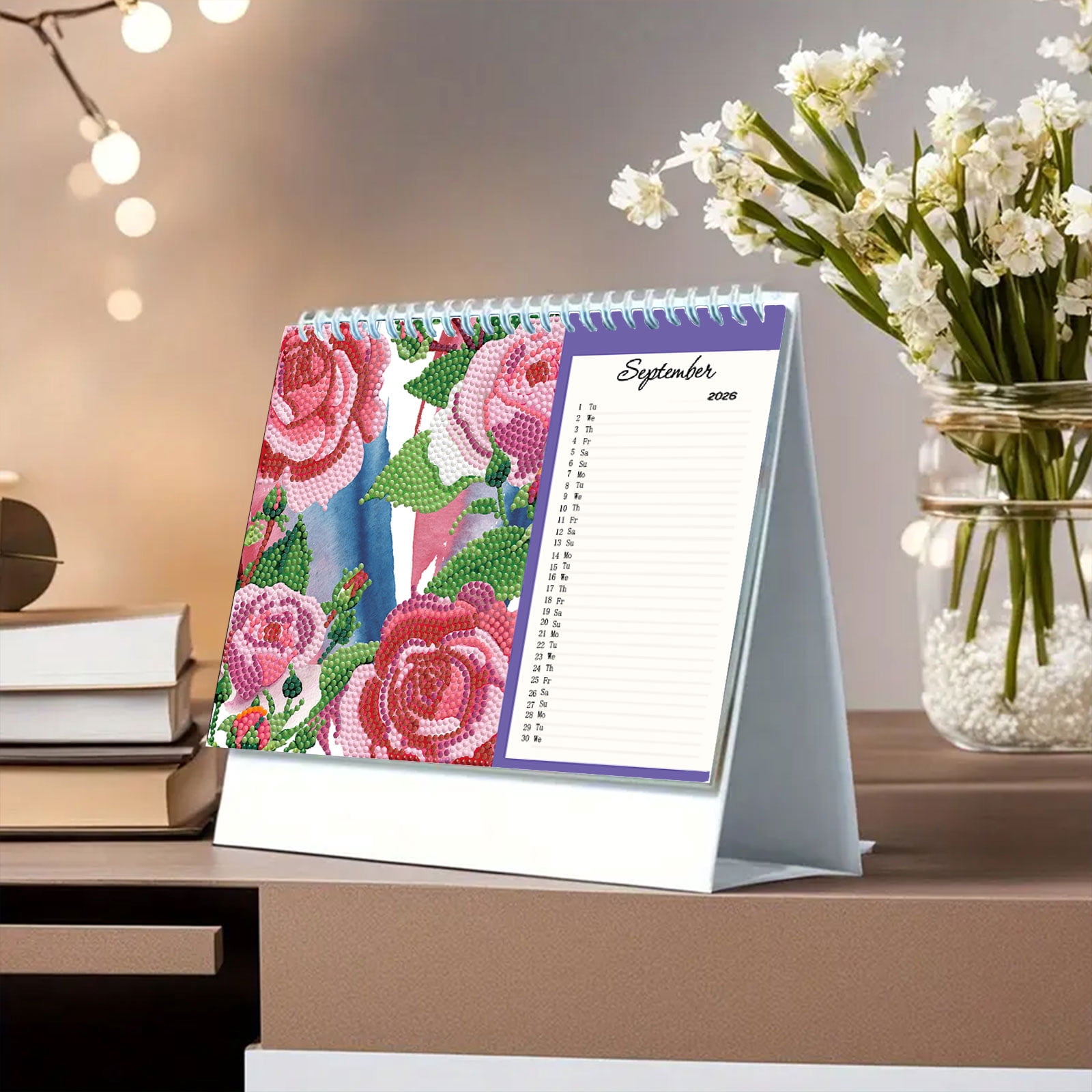 FLOPESN 2026 Desk Calendar DIY Diamond Painting Craft Kit, 9.84*7.48 in Acrylic Material Flip Calendar with Special Drills for Home Office Decor