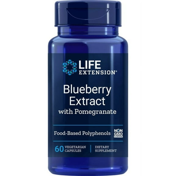 Life Extension Blueberry Extract and Pomegranate, arterial health support, antioxidant defense, gluten-free, non-GMO, vegetarian, 60 vegetarian capsules