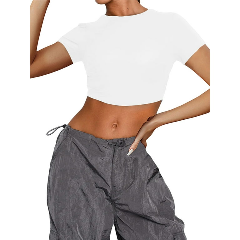 wybzd Women Solid Color Backless Crop Top Short Sleeve Slim Fit Skinny  Basic Tee T-Shirt Y2K Streetwear White L 