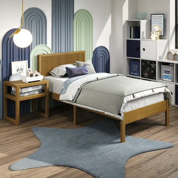 P'kolino Reeded Wood Twin Bed Frame with Headboard- Solid Wood, Natural Oak, for Kids, Teens