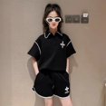 thumbnail image 1 of Conjunto de Polo de verano para niñas, camiseta con cuello con volantes, pantalones cortos, ropa de moda de dos piezas de estilo coreano para niños medianos y grandes, 1 of 5