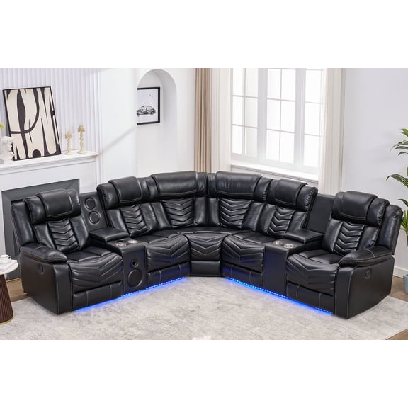 Power Recliner Sofa Sets with Speaker for Living Room Gray Faux Leather Electric Home Theater Seating Reclining Sofa with Console Storage