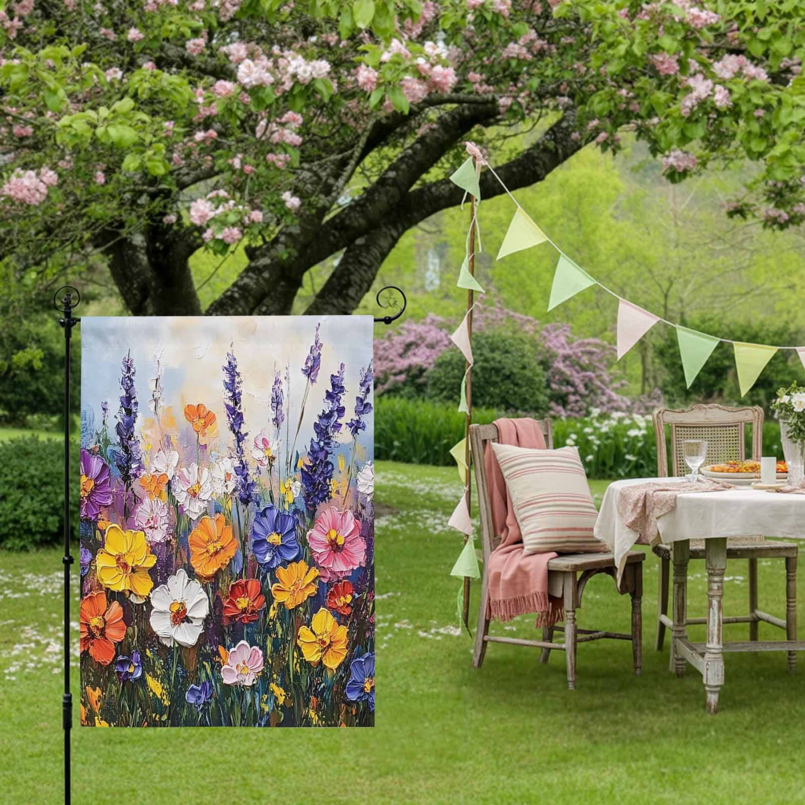 Spring Florals House Flag 28 x 40 Inches, Vintage Lavender Oil Painting Floral Weather Proof Outdoor Patio Flags Double Sided Small House Decoration for Yard Lawn Outside Home