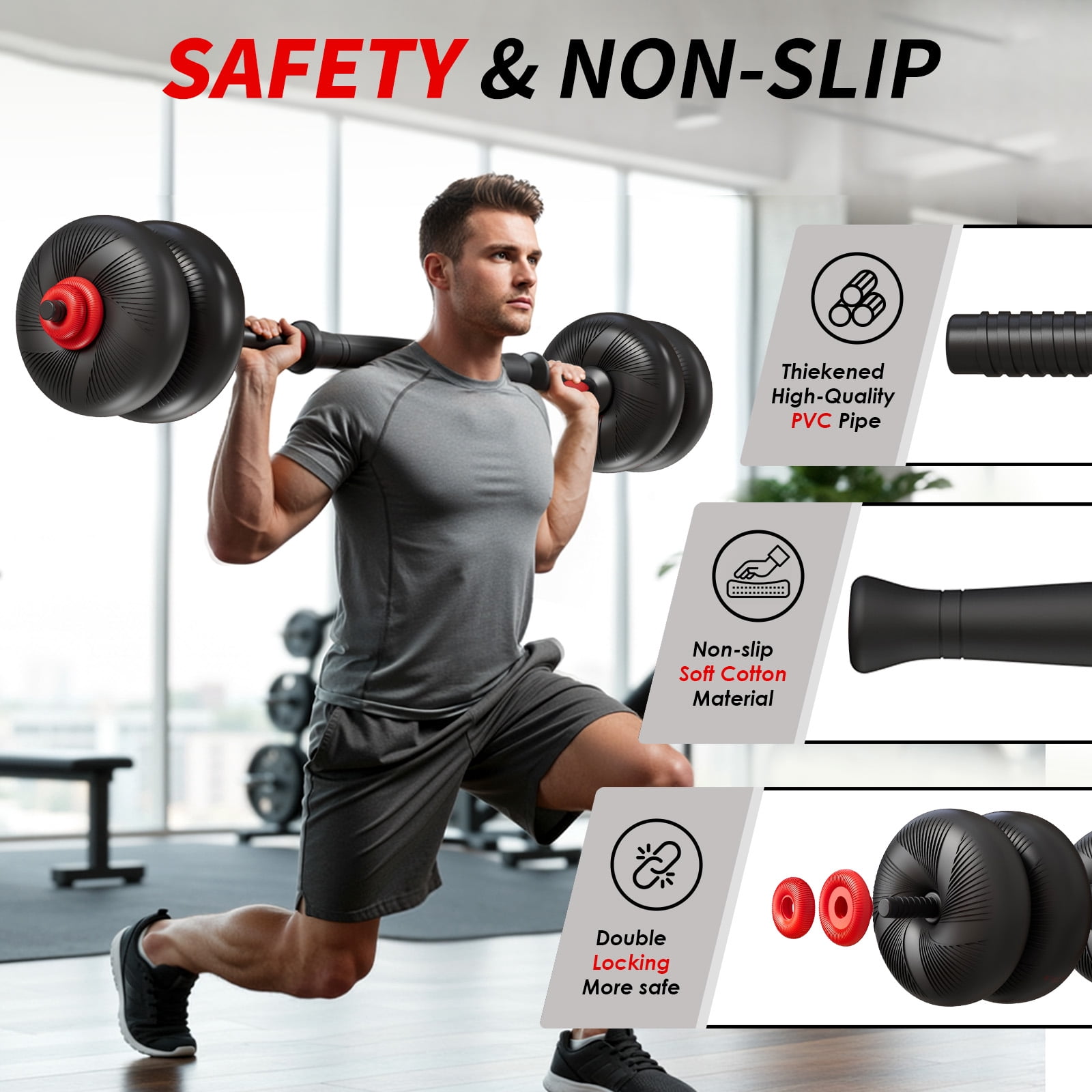 LIFERUN Adjustable Dumbbell Set, Soft PVC, 45lbs/67lbs Free Weight Set. 4-in-1: Barbell, Dumbbells, Kettlebell, Weight Plates, Red
