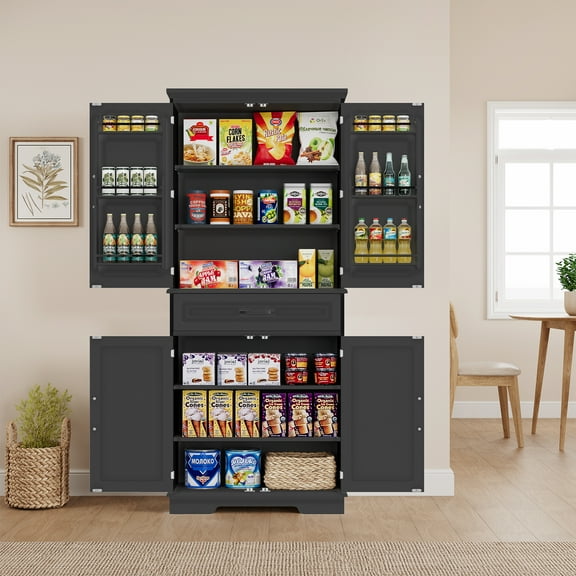 72 Inch Tall Pantry Storage Cabinet w/1 Drawer & 6 Roomy Storage Shelves, Versatile Wood Storage Cabinet with 4 Barn Door & Adjustable Shelves for Dining Room, Living Room