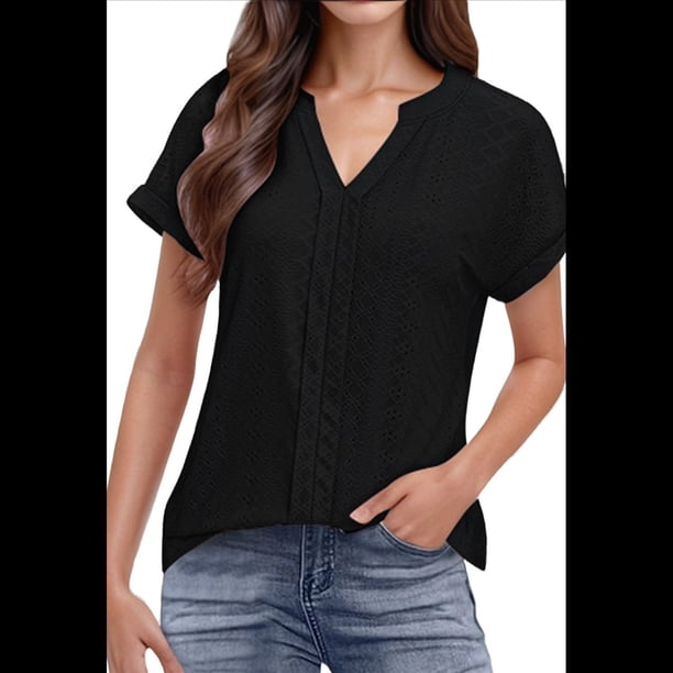 Blusas con Ojales para Mujer, Cuello en V, Corta, Bordadas, Estilo , Informal, Holgada, de Verano Negro XL