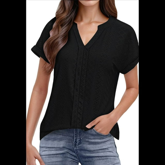 Blusas con Ojales para Mujer, Cuello en V, Corta, Bordadas, Estilo , Informal, Holgada, de Verano Negro XXL