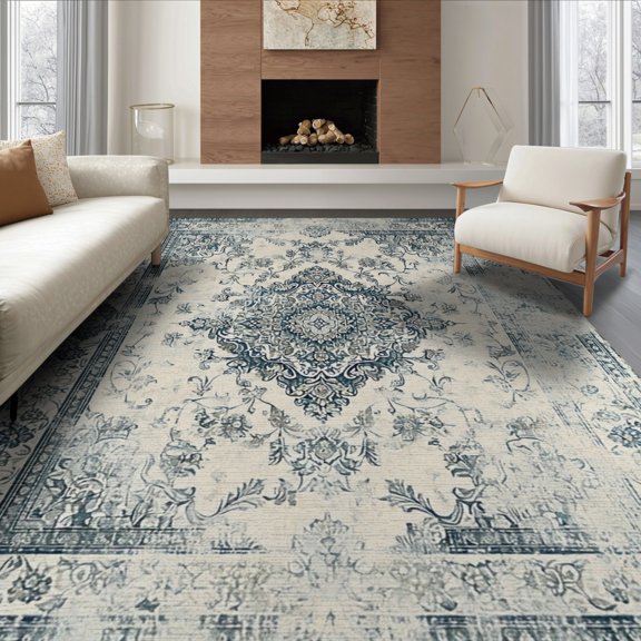 ODIKA 8'x10' Washable Area Rug Large Vintage Beige Distressed Border Scroll Dining Table Are for Living Room, Under Sectional, Family , Durable, Non-Slip