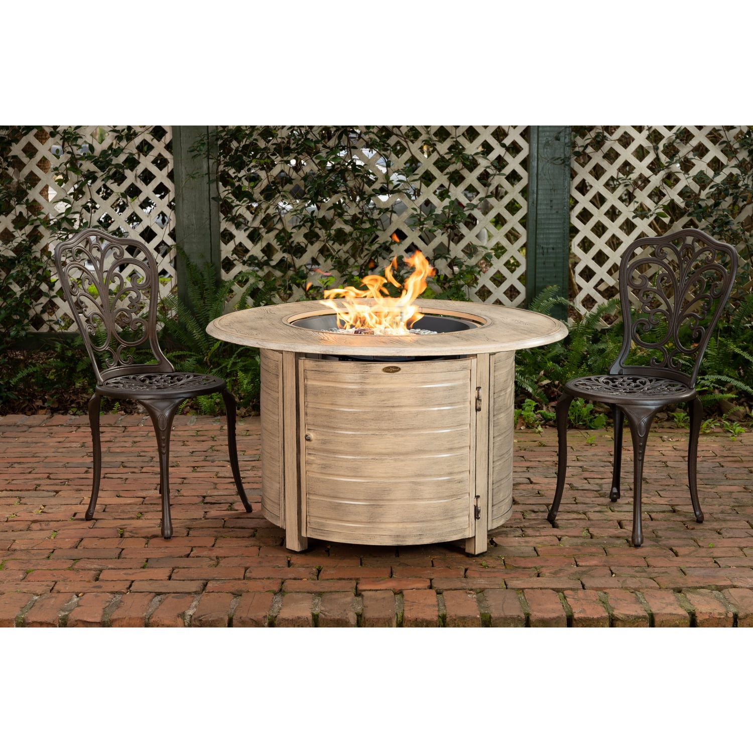 HomeStock Natural Beauty Round LPG Fire Pit in Driftwood, 55,000 BTU, Aluminum Construction, Hand-Applied Driftwood Finish, Stainless Steel Burner, Fire Glass