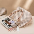 White Checkered Tote Shoulder Bags With Inner Pouch,PU Vegan Leather