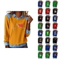 thumbnail image 1 of Mardi Gras Chemises à Manches Longues pour Femmes 2026 Mode Denim Patchwork Col à Revers Chandail en Molleton Graphique, 1 of 2