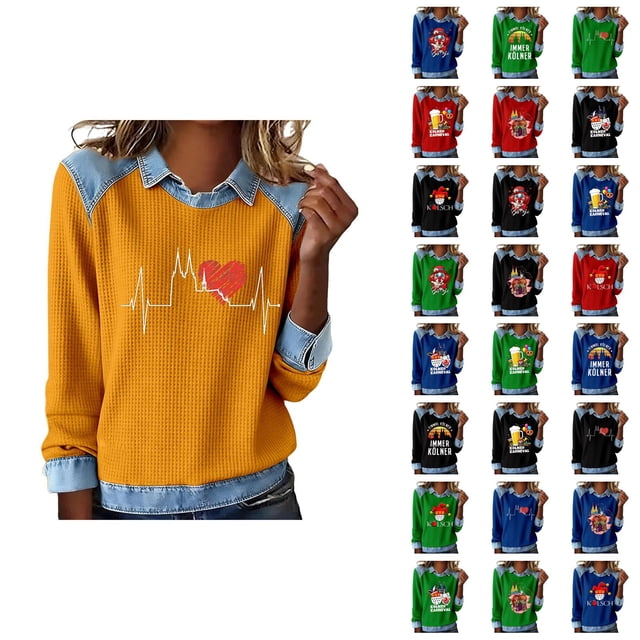 Mardi Gras Chemises à Manches Longues pour Femmes 2026 Mode Denim Patchwork Col à Revers Chandail en Molleton Graphique