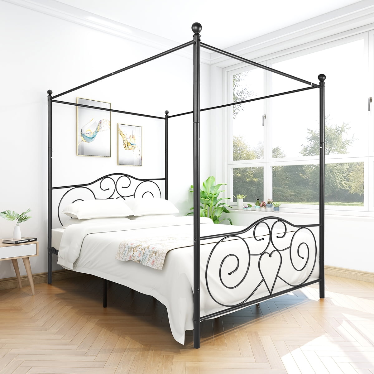 MAYEERTY Black Metal Queen Canopy Bed Frame: Exquisite Vintage Styling with Headboard & Footboard, Easy DIY Setup​