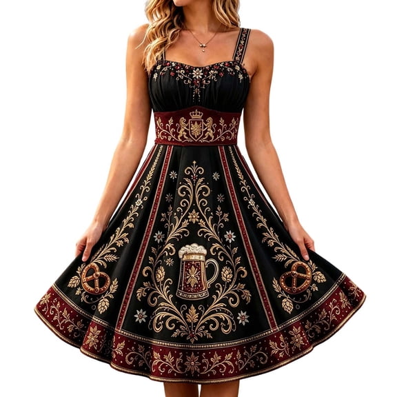 Ovbmpzd Bavarian Womens Summer Dresses Oktoberfest Black Midi Dirndl Plus Size Sleeveless A-Line Dresses,S
