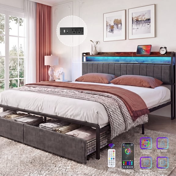 Furnibear LED Queen Bed Frame with Upholstered Storage Headboard and Drawers, LED Platform Bed with Charging Station, No Box Spring Needed