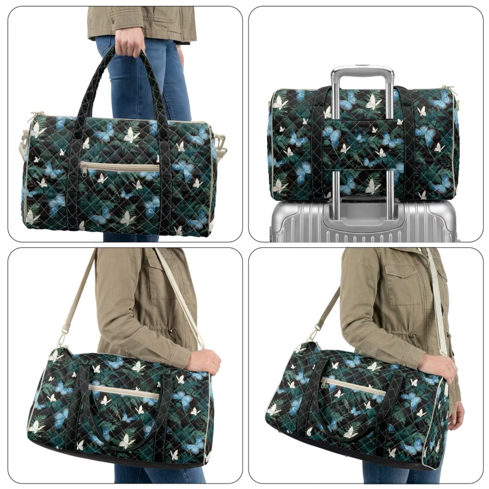 Chririnla Butterfly & Green Fern Pattern Travel Duffle Bags for Women Stylish Gym Bag with Luggage Handle Strap & Multi-Pockets Fits Weekends