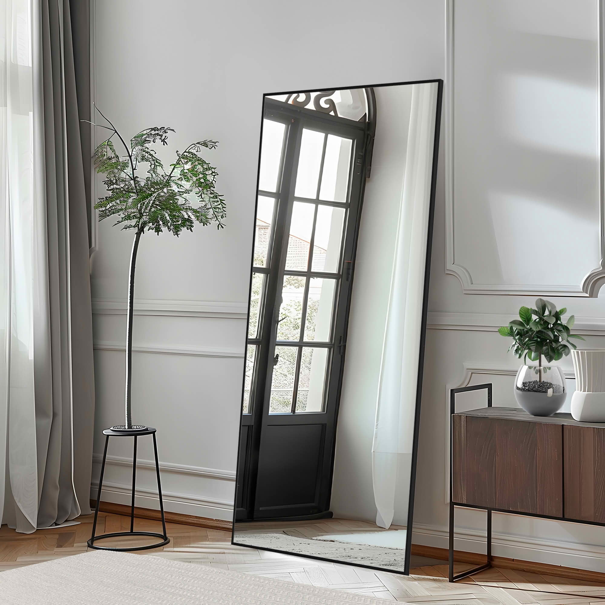 MAYEERTY 59x28x1 Inch Black Thin Edge Aluminum Right Angle Rectangular Full Length Mirror with Stand for Bedroom